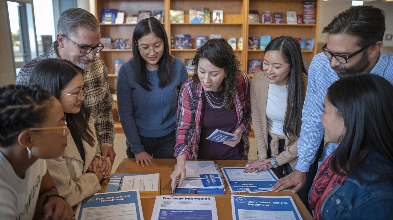 Create a realistic image of diverse California residents of various races (Latino, Asian, White, Black) gathered around a table at a community center, reviewing citizenship application forms and affordability resources, with a volunteer pointing to a document labeled "Fee Waiver Information," bookshelves with immigration guides in the background, warm lighting creating a supportive atmosphere.