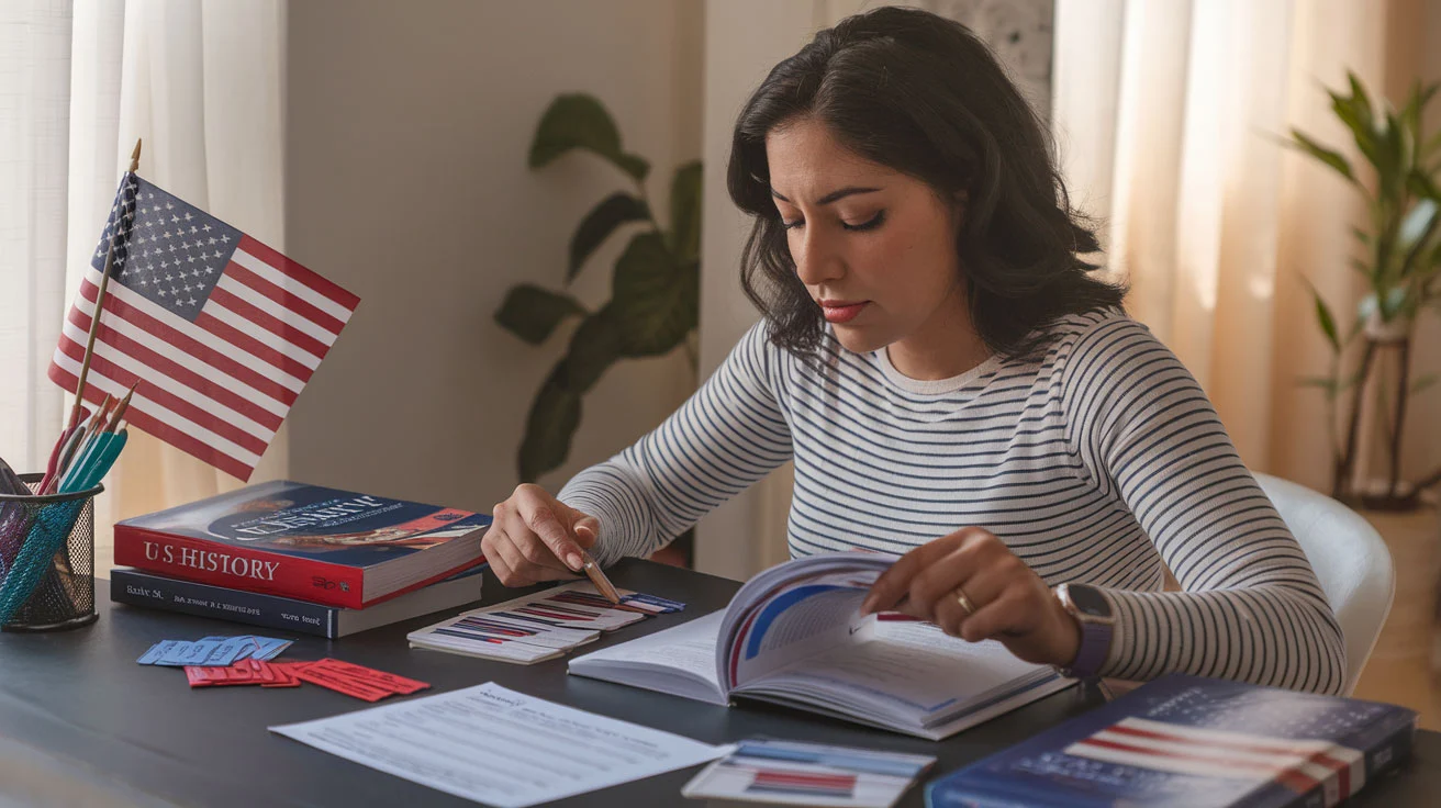 Create a realistic image of a Hispanic woman in her 30s sitting at a desk, reviewing citizenship study materials, with U.S. history books, flashcards, and a practice citizenship test form visible, a small American flag stands in a pencil holder, soft natural lighting from a nearby window, creating a focused and determined atmosphere.