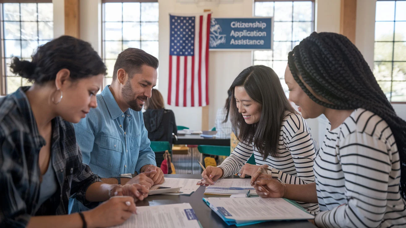 Create a realistic image of a diverse group of people (Hispanic male, Asian female, Black female) seated at a community center table in California, working together on citizenship application forms and study materials, with an American flag in the background, natural lighting coming through windows, and a visible sign reading "Citizenship Application Assistance" on the wall.