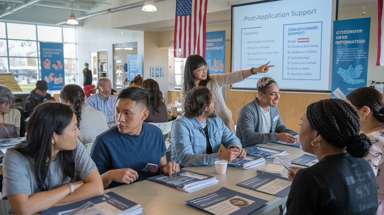 Create a realistic image of a diverse group of people in California attending a post-citizenship application workshop, with Asian, Hispanic, and Black individuals seated at tables with information packets, while a helpful community organizer points to resources on a projector screen showing "Post-Application Support" in a bright community center with American flags and informational posters about citizenship rights and resources visible on the walls.