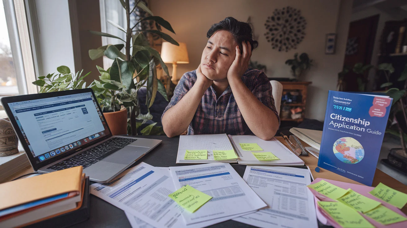 Create a realistic image of a Hispanic person sitting at a home desk with immigration forms spread out, a laptop open to a government website, sticky notes with questions, and a "Citizenship Application Guide" book nearby, suggesting self-navigation through complex immigration circumstances without attorney assistance, with natural lighting coming through a window, creating a determined yet slightly overwhelmed mood.