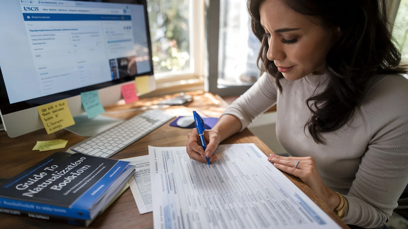 Create a realistic image of a Hispanic woman in her 30s sitting at a wooden desk with Form N-400 (U.S. citizenship application) spread out in front of her, carefully filling it out with a blue pen, with a computer showing the USCIS website, a "Guide to Naturalization" booklet nearby, sticky notes with reminders, and natural light coming through a window, conveying a focused, determined mood.