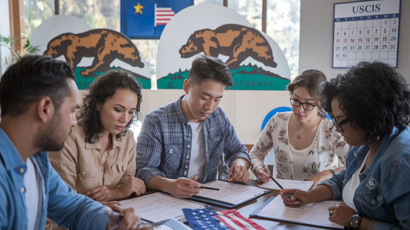 Create a realistic image of a diverse group of adults (Hispanic female, Asian male, Black female) sitting at a table reviewing citizenship application forms and documents, with California state symbols visible in the background, natural lighting from a window, focused expressions showing concentration, a U.S. flag on the desk, and a wall calendar marked with important USCIS appointment dates.