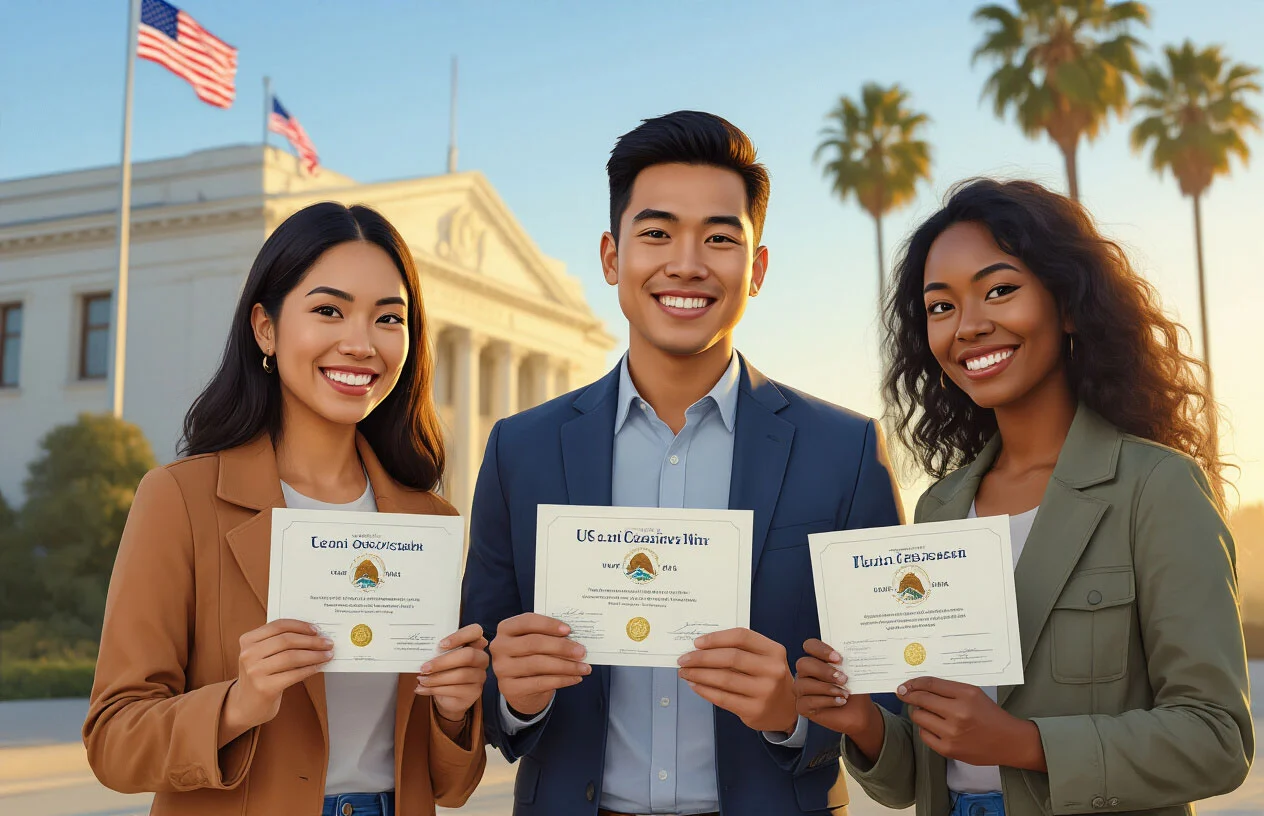Create a realistic image of a diverse group of three people - a Hispanic female, an Asian male, and a Black female - standing together outdoors in front of a California government building with American flags visible, all holding U.S. citizenship certificates and smiling with expressions of accomplishment and joy, with golden hour sunlight creating a warm and hopeful atmosphere, palm trees and blue sky in the background suggesting the California setting, absolutely NO text should be in the scene.