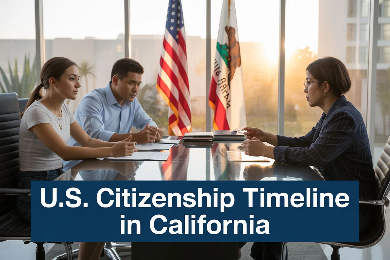 Create a realistic image of a diverse group including a white female, Hispanic male, and Asian female sitting at a modern consultation table with an immigration attorney in a bright California office, with official U.S. citizenship documents, American flag, and California state flag visible in the background, golden California sunlight streaming through large windows, serious yet hopeful atmosphere, with text overlay reading "U.S. Citizenship Timeline in California" in professional blue font.