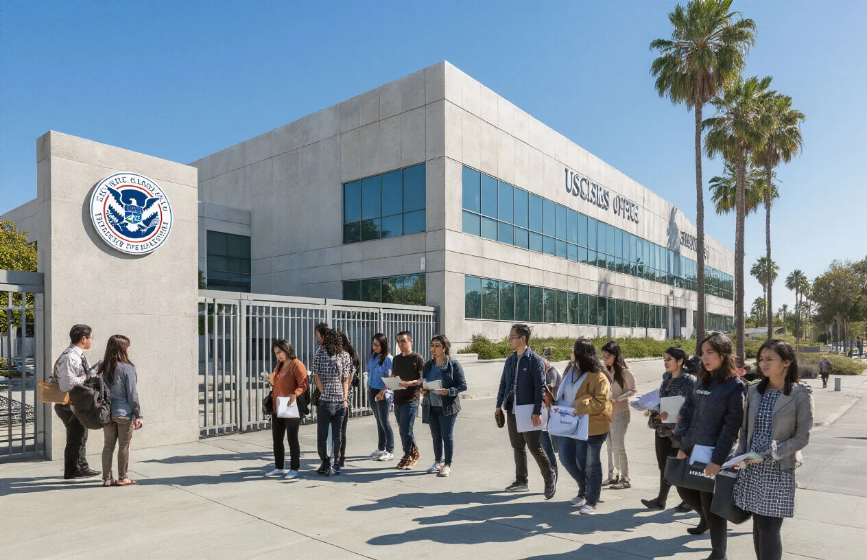 Create a realistic image of a modern USCIS office building in California with the official government seal visible on the exterior, showing a diverse group of people including white, black, Hispanic, and Asian males and females of various ages waiting in line outside, with official document folders in their hands, set against a clear blue California sky with palm trees in the background, professional and hopeful atmosphere, natural daylight lighting, absolutely NO text should be in the scene.