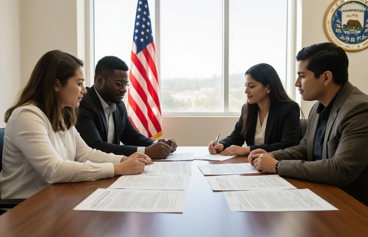Create a realistic image of a diverse group of people including a white female, black male, and Hispanic female sitting at a wooden table in a modern government office or legal consultation room, reviewing official U.S. citizenship documents and forms spread across the table, with an American flag visible in the background, soft natural lighting from a window, professional and hopeful atmosphere, with a California state seal visible on the wall, absolutely NO text should be in the scene.