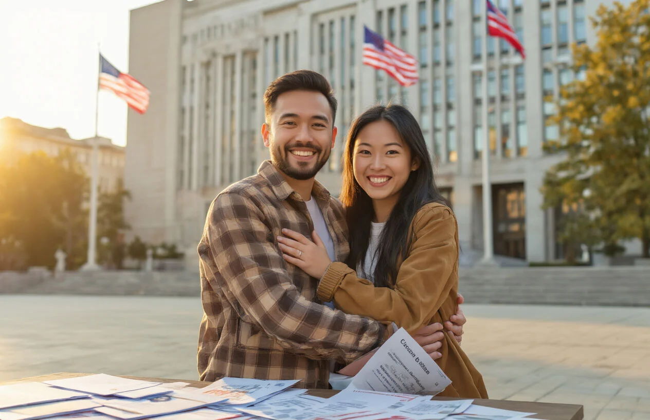 Create a realistic image of a happy diverse couple embracing in celebration, with a white male and Asian female, standing in front of a modern government building with American flags visible in the background, surrounded by important immigration documents and forms scattered on a nearby table, with warm golden hour lighting creating an optimistic and successful atmosphere, symbolizing the completion of the fianc&eacute; visa application process, absolutely NO text should be in the scene.
