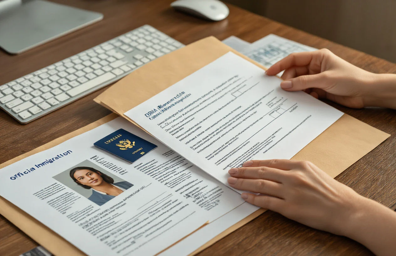 Create a realistic image of a white female's hands carefully placing official immigration documents into a large manila envelope on a wooden desk, with USCIS forms, passport photos, and supporting documents neatly organized nearby, a computer keyboard and mouse visible in the background, warm office lighting creating a professional atmosphere, absolutely NO text should be in the scene.