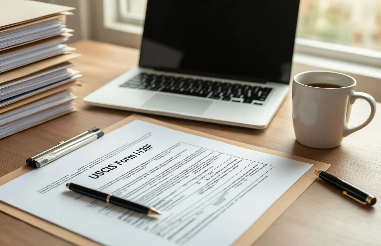 Create a realistic image of a clean, well-lit home office desk with official USCIS Form I-129F immigration document spread out in the center, a black pen lying beside it, a laptop computer open in the background, organized file folders stacked neatly to one side, and a coffee mug on the desk, with warm natural lighting coming through a window, creating a focused and professional workspace atmosphere for completing important legal paperwork, absolutely NO text should be in the scene.