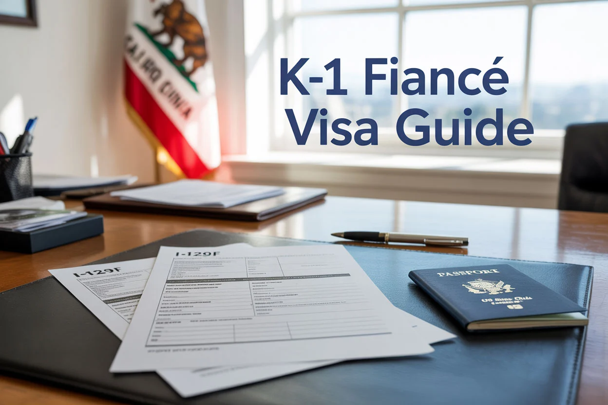 Create a realistic image of a clean, modern office desk with Form I-129F documents prominently displayed in the center, alongside a US passport, official government paperwork, and a pen, with the California state flag subtly visible in the background, soft natural lighting from a window, and the text "K-1 Fianc&eacute; Visa Guide" overlaid in professional blue font in the upper portion of the image.