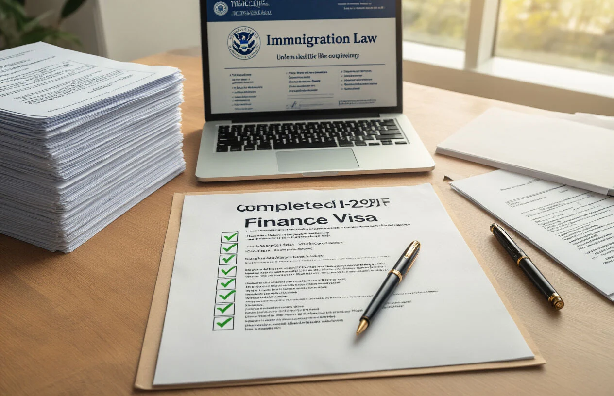 Create a realistic image of a professional immigration attorney's desk from above showing organized stacks of completed I-129F fianc&eacute; visa forms and supporting documents, with a checklist showing completed items marked with green checkmarks, a pen, official USCIS envelopes, and a laptop displaying an immigration law website, set against a clean modern office background with warm natural lighting from a window, conveying success and careful preparation, absolutely NO text should be in the scene.