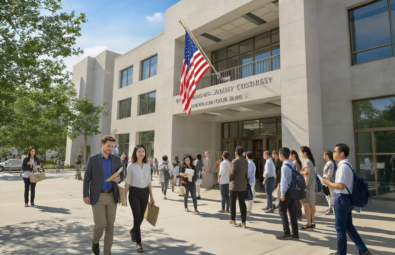 Create a realistic image of a modern U.S. embassy or consulate building exterior with American flag, showing a diverse group of people including a white male and Asian female couple walking toward the entrance carrying manila folders and documents, with other visa applicants of various ethnicities waiting in an organized queue outside, under bright daylight with clear blue sky, conveying a professional and hopeful atmosphere of an important immigration interview process, absolutely NO text should be in the scene.