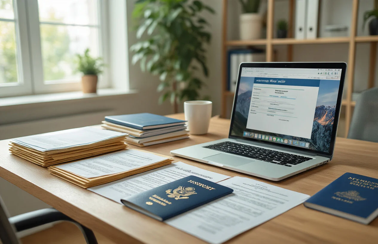 Create a realistic image of a well-organized desk surface with neatly arranged immigration documents including passports, birth certificates, official forms, and manila folders spread out in an orderly fashion, alongside a laptop computer displaying a government website, with a clean office environment in the background featuring soft natural lighting from a window, conveying a professional and methodical atmosphere of document preparation. Absolutely NO text should be in the scene.