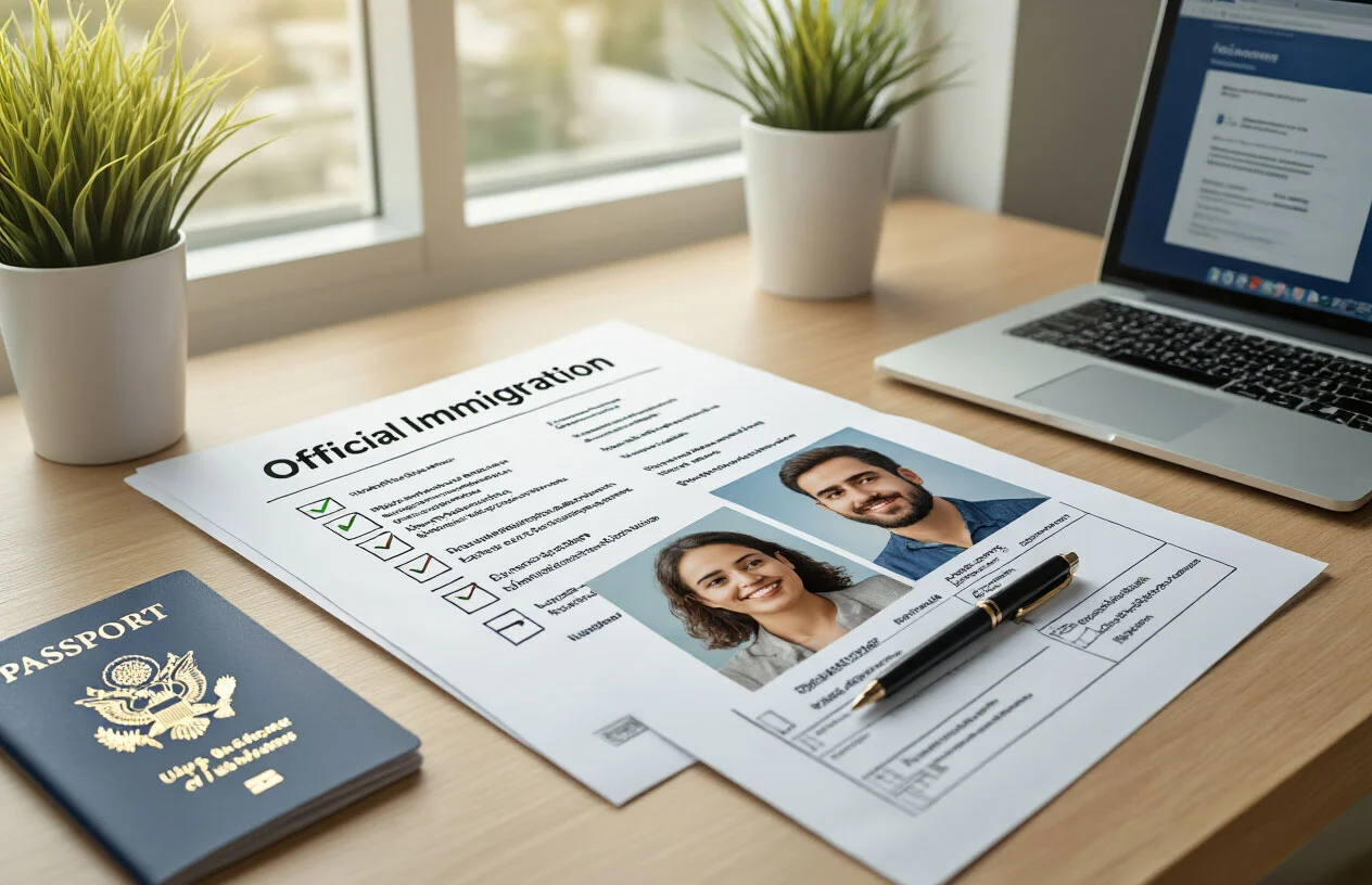 Create a realistic image of a clean, modern office desk with official immigration documents and forms spread out, including a checklist with checkboxes, passport photos of a diverse couple, two passports (one US and one foreign), a pen, and a laptop computer showing a government website, with soft natural lighting from a window, professional office environment in the background, absolutely NO text should be in the scene.